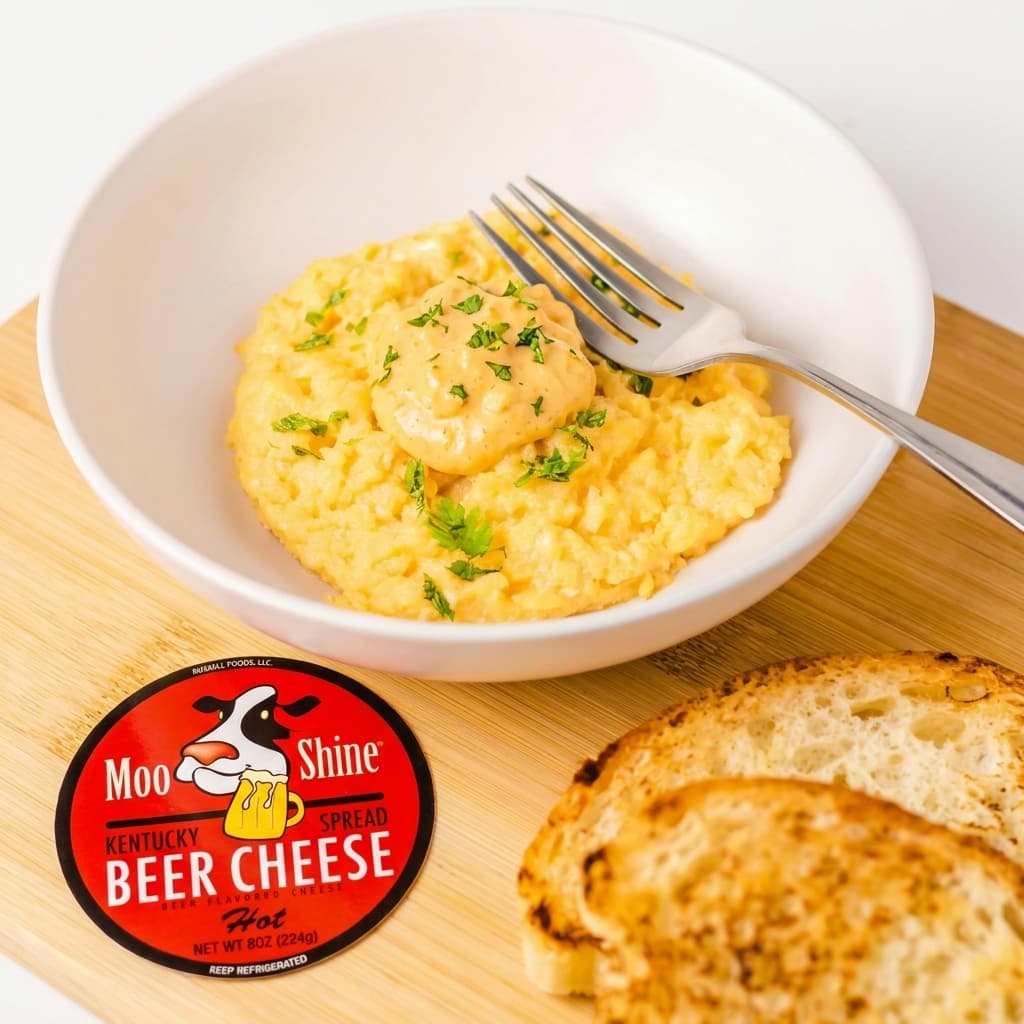 Scrambled eggs topped with MooShine beer cheese